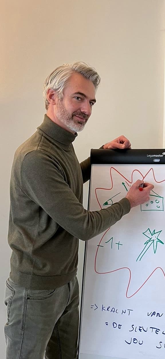 Frederic Merlin at a flipchart, marker in hand, looking over his shoulder